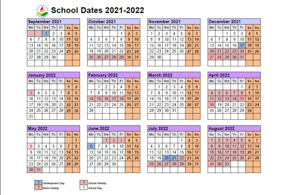 Term dates for the year 2021-22 as a calendar